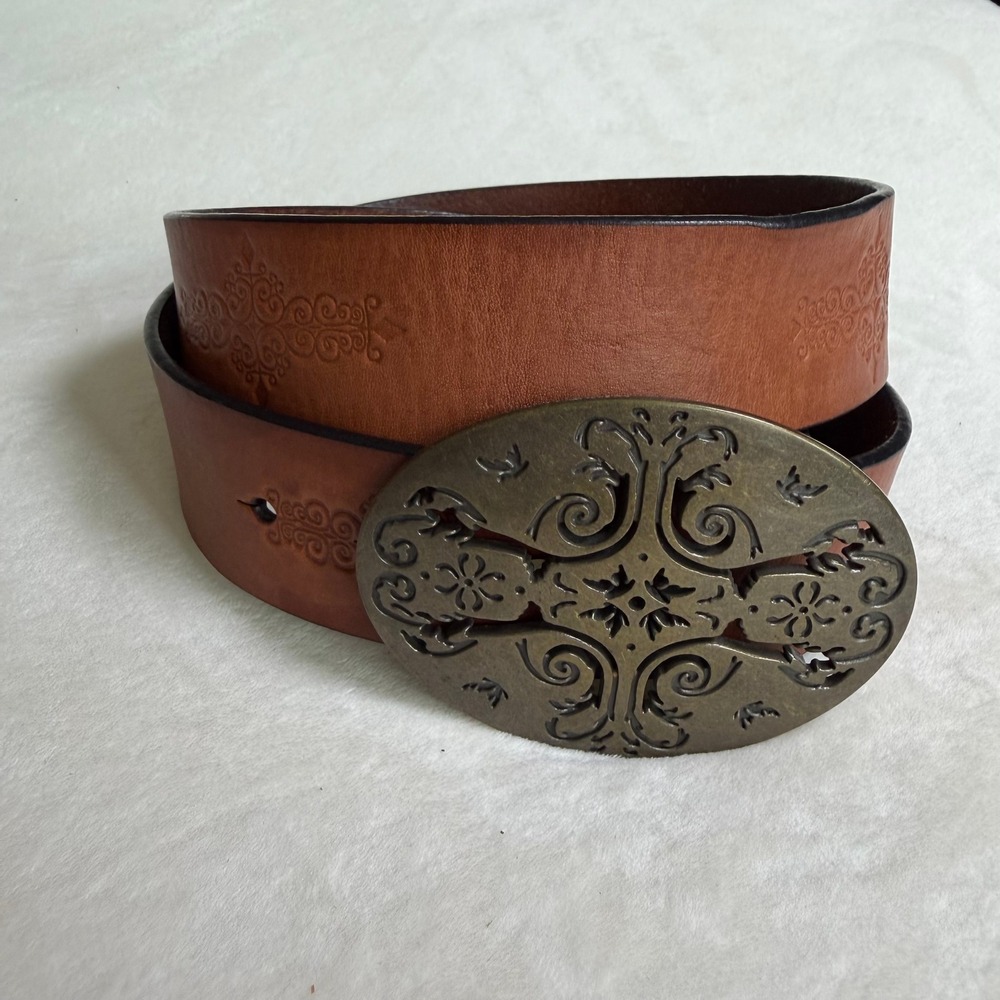 Liz Claiborne Leather Belt Women L Brown Embossed Western Boho Filigree Buckle